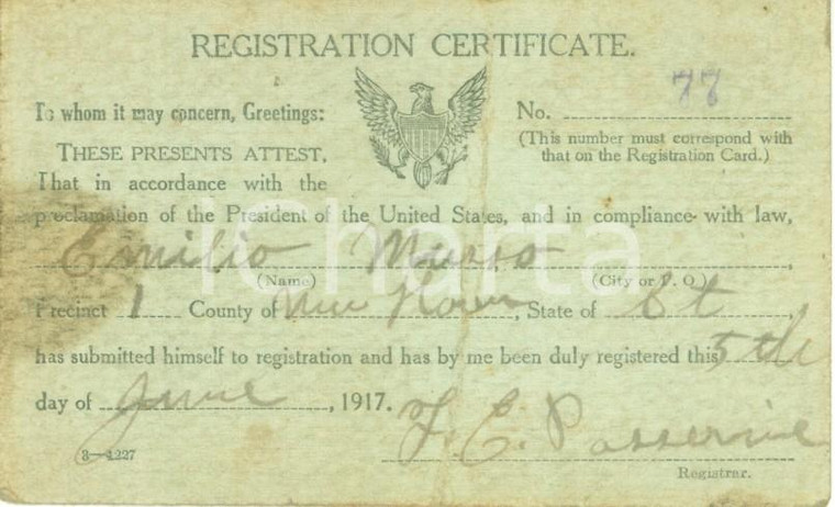 1917 USA Tessera di registrazione immigrato Emilio MUSSO *Danneggiata