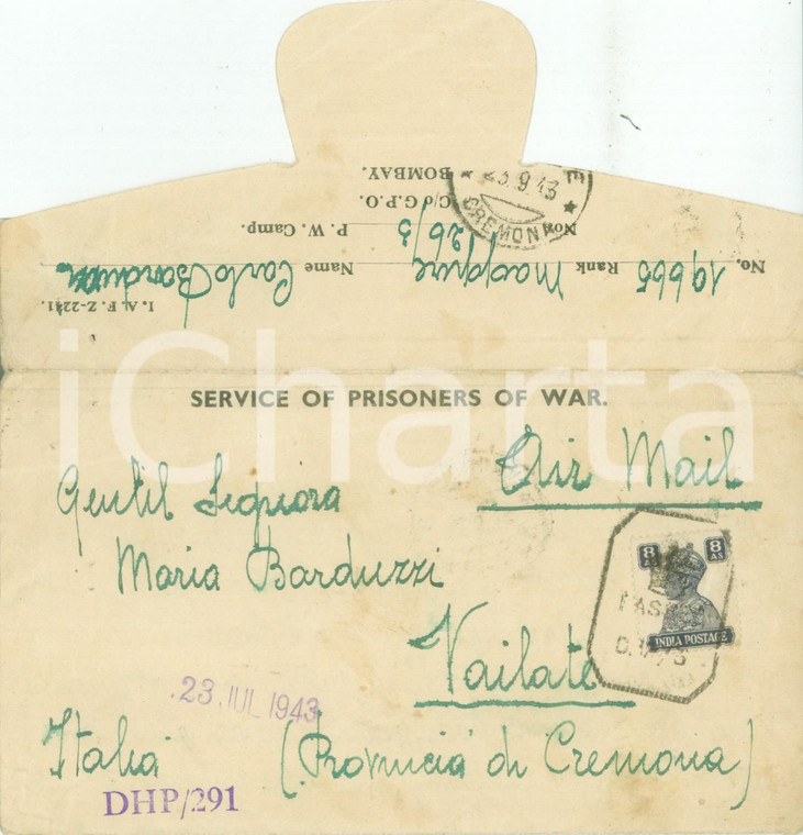 1943 BOMBAY (INDIA) WW2 Carlo BARDUZZI prigioniero di guerra alla famiglia