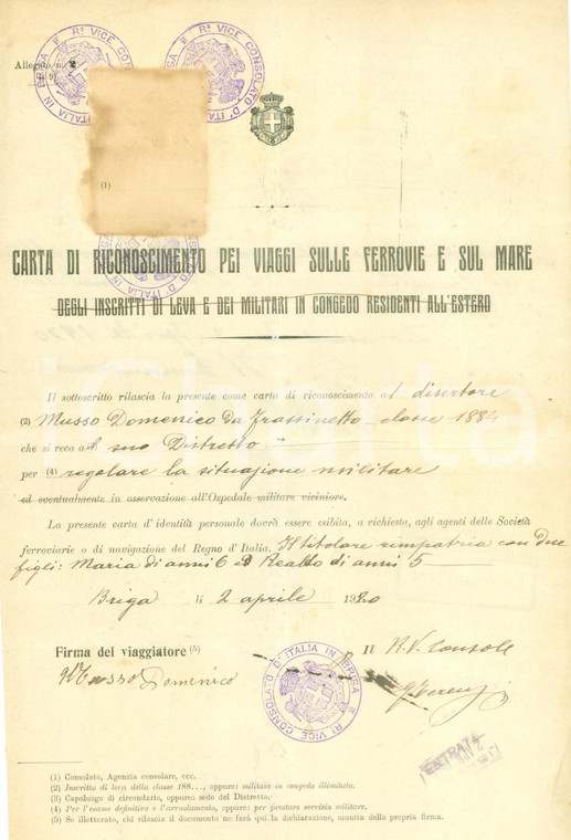 1920 BRIGA (SVIZZERA) Disertore Domenico MUSSO torna a FRASSINETTO *Documento