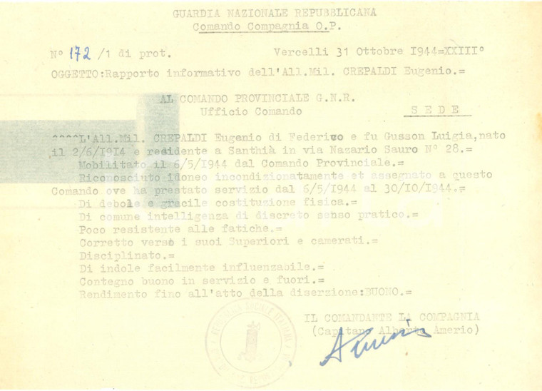 1944 VERCELLI RSI Eugenio CREPALDI buon soldato fino alla diserzione *Documento