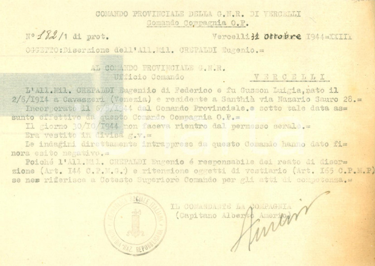 1944 VERCELLI RSI Eugenio CREPALDI diserta la Guardia Nazionale Repubblicana