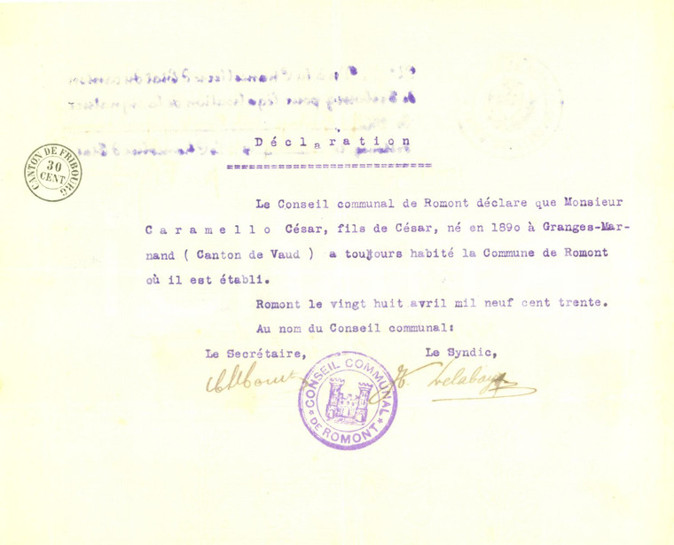 1930 ROMONT (SVIZZERA) Certificato di residenza di Cesare CARAMELLO *Documento