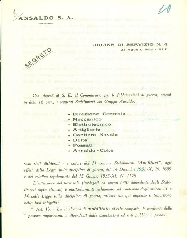 1935 GENOVA Stabilimenti del Gruppo ANSALDO mobilitati civili *Documento