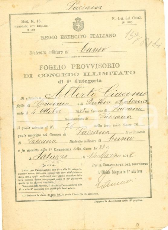 1918 PAESANA (CN) WW1 Congedo illimitato Giacomo ALBERTO soldato *Documento