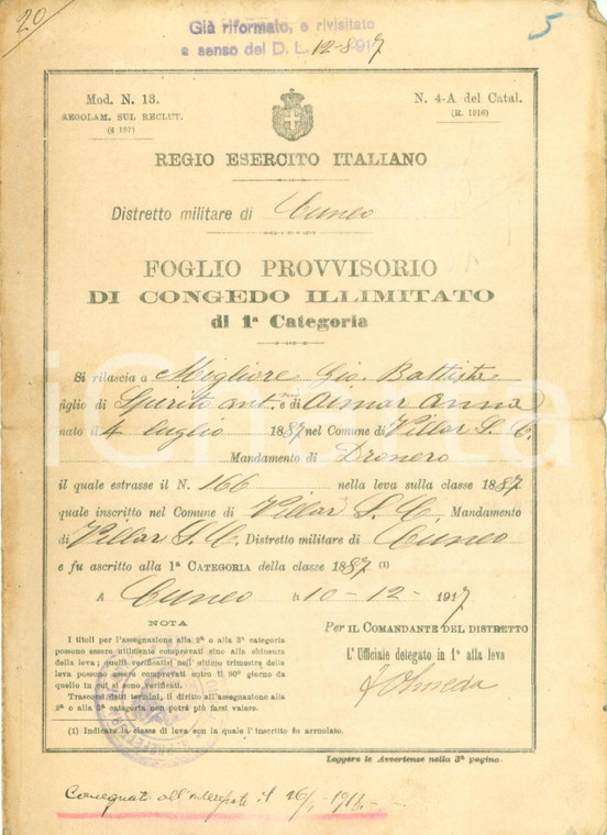 1917 VILLAR SAN COSTANZO (CN) WW1 Congedo illimitato Giovanni Battista MIGLIORE