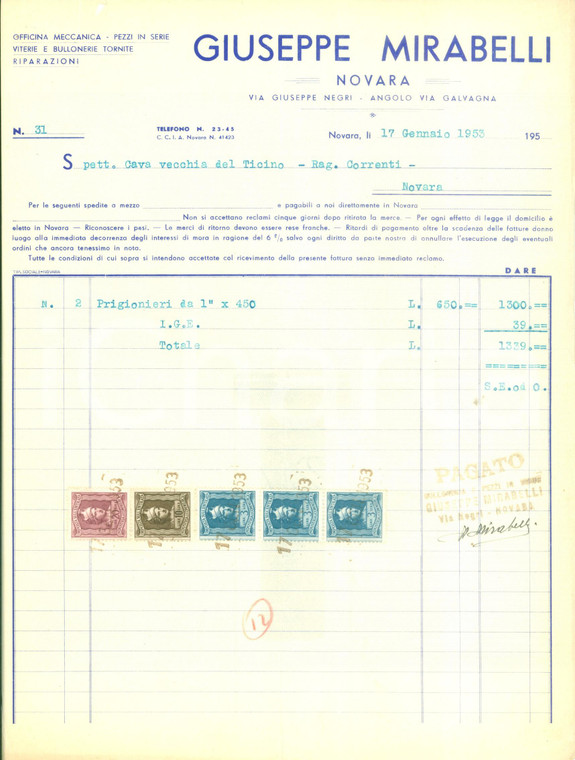 1953 NOVARA Officina meccanica Giuseppe MIRABELLI viterie bulloni *Fattura