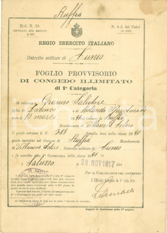 1917 RUFFIA (CN) WW1 Congedo illimitato soldato Salvatore GRANERO *Documento