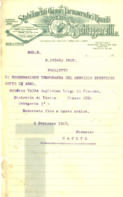1918 WW2 TORINO Stabilimenti Chimici SCHIAPPARELLI Guglielmo VAIRA esonerato