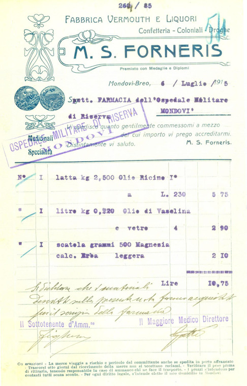 1915 MONDOVI' BREO (CN) Fabbrica vermouth liquori FORNERIS *Fattura Liberty