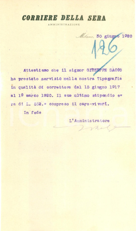 1920 MILANO Giuseppe SACCO correttore bozze del CORRIERE DELLA SERA *Lettera