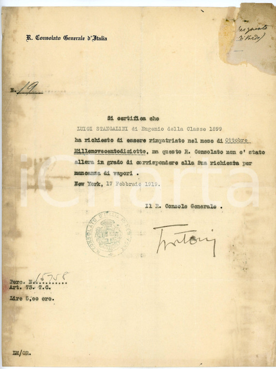 1919 NEW YORK Console Romolo TRITONJ non può rimpatriare Luigi STANGALINI