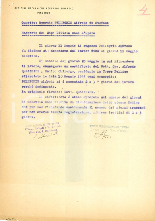 1943 PINEROLO TO Officine Meccaniche POCCARDI Operaio Alfredo PELLEGRIN assente