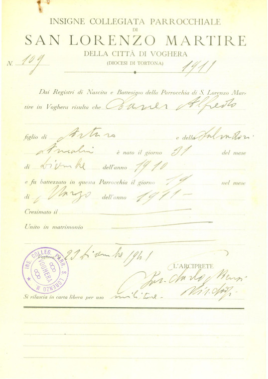 1941 VOGHERA WW2 Alfredo CARRER battezzato a San Lorenzo Martire *Documento