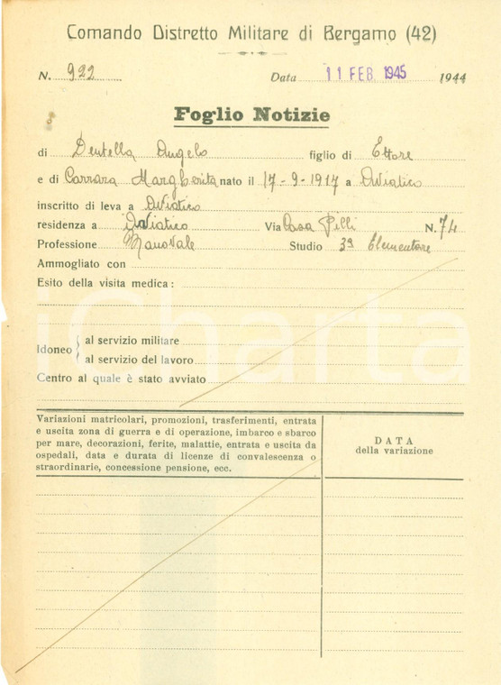 1945 AVIATICO (BG) RSI Angelo DENTELLA manovale Distretto Militare BERGAMO