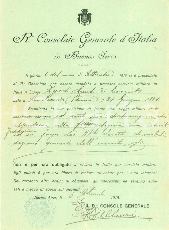 1915 BUENOS AIRES (ARGENTINA) WW1 Carlo ZARDI di SAN SECONDO esonerato da guerra