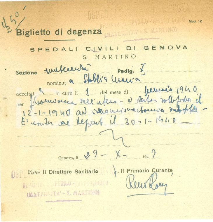 1947 GENOVA Spedali Civili di SAN MARTINO *Biglietto di degenza