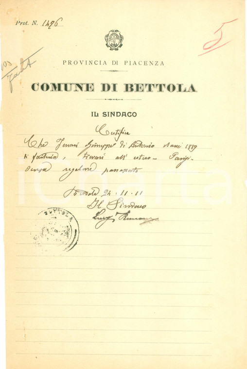 1911 BETTOLA (PC) Giuseppe FERRARI a PARIGI senza passaporto *Documento
