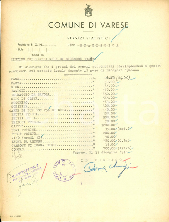 1946 VARESE Listino prezzi dei generi alimentari dopo la guerra *Documento