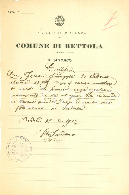 1912 BETTOLA (PC) Giuseppe FERRARI va in FRANCIA senza passaporto *Documento