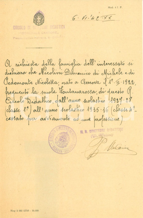 1942 GENOVA Domenico NICOLINI ha frequentato scuola FONTANAROSSA *Documento