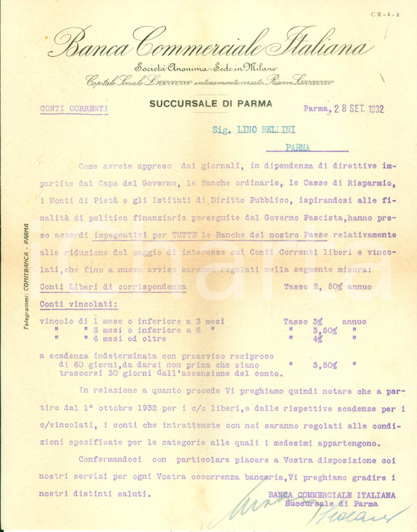 1932 PARMA Banca Commerciale Italiana si adegua a politica finanziaria fascista