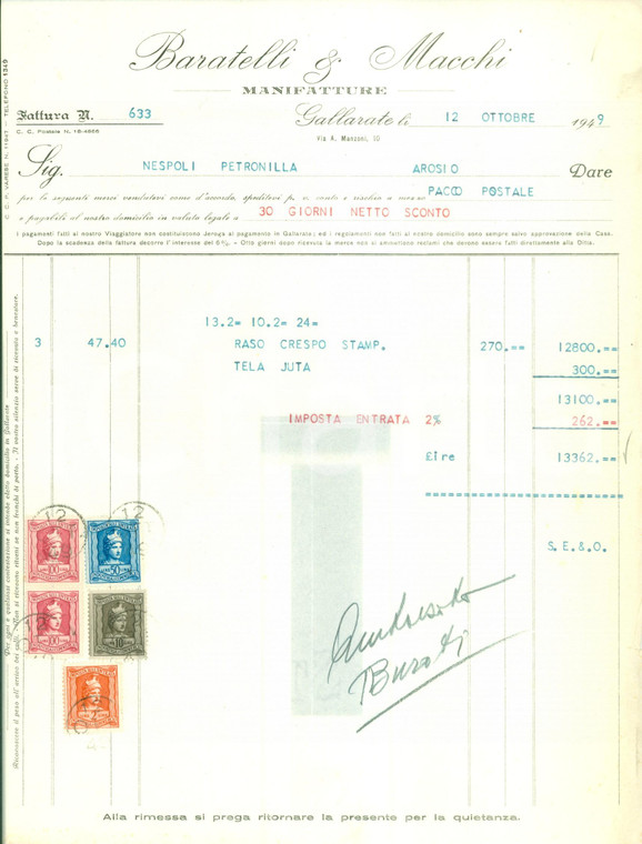 1949 GALLARATE (VA) Manifatture BARATELLI & MACCHI Fattura commerciale intestata