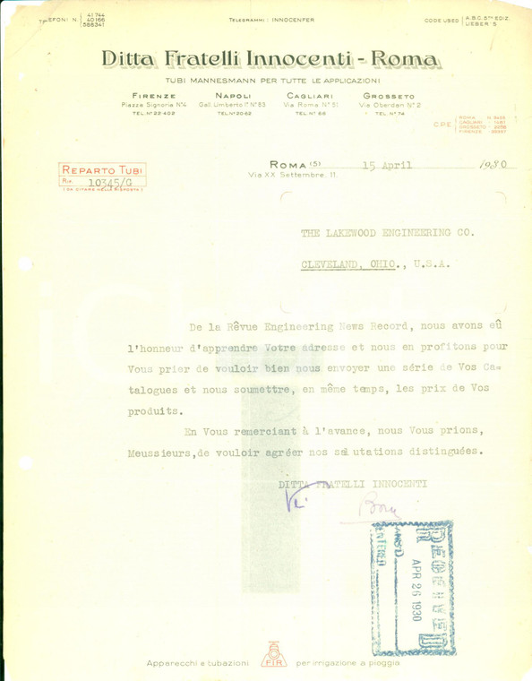 1930 ROMA Ditta Fratelli INNOCENTI Tubi MANNESMANN *Lettera commerciale