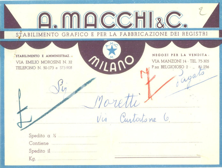 1935 ca MILANO Stabilimento Grafico MACCHI & C. Fabbricazione registri