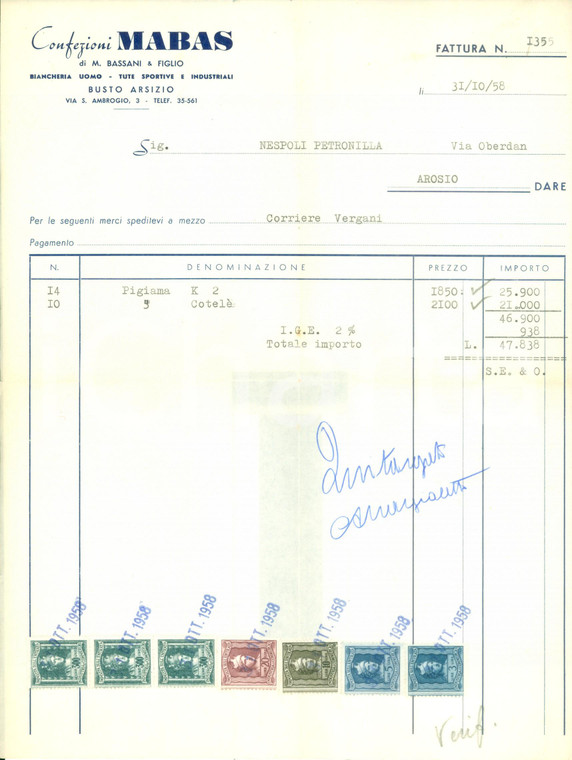 1958 BUSTO ARSIZIO (VA) Confezioni MABAS di Mario BASSANI Biancheria uomo