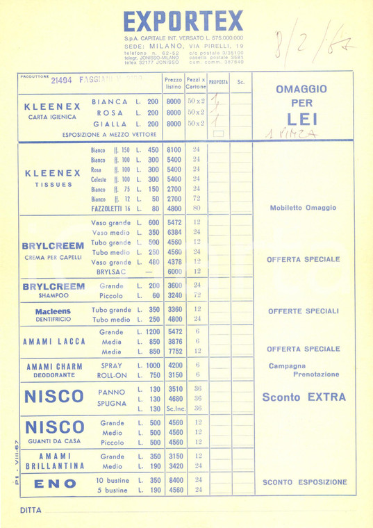 1967 MILANO Listino prezzi EXPORTEX Carta igienica KLEENEX *Documento