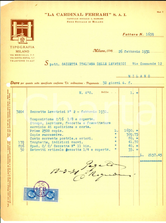 1931 MILANO LA CARDINAL FERRARI S. A. I. Tipografia *Fattura intestata