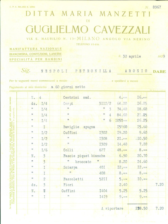 1939 MILANO Ditta Maria MANZETTI di Guglielmo CAVEZZALI Biancheria e lanerie