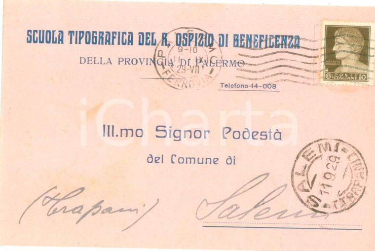 1929 PALERMO Scuola Tipografica R. Ospizio di Beneficenza *Cartolina commerciale