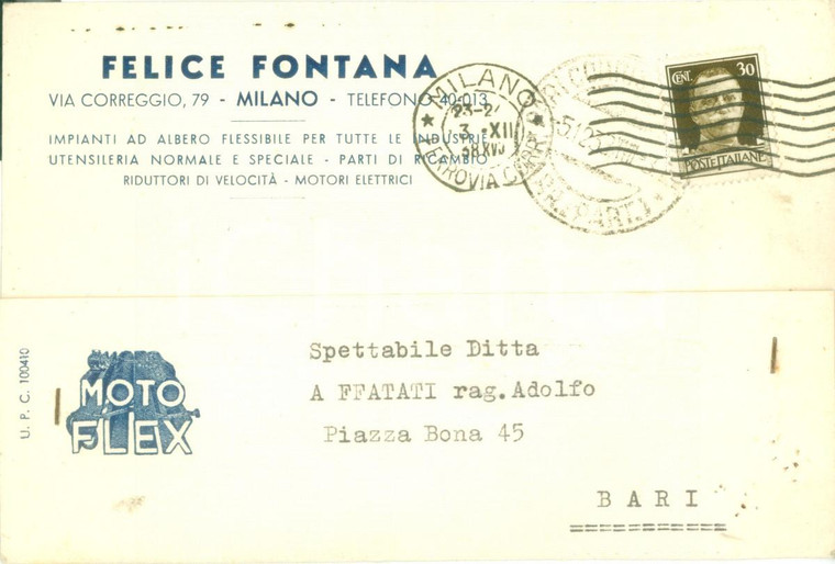 1938 MILANO Felice FONTANA Impianti ad albero flessibile utensileria *Cartolina