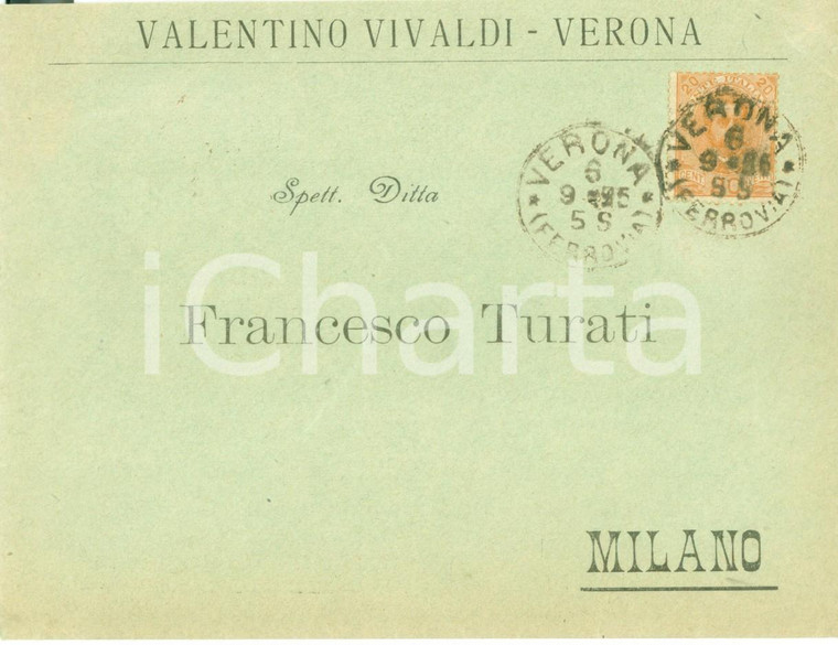1895 VERONA Ditta Valentino VIVALDI Busta intestata priva di contenuto viaggiata