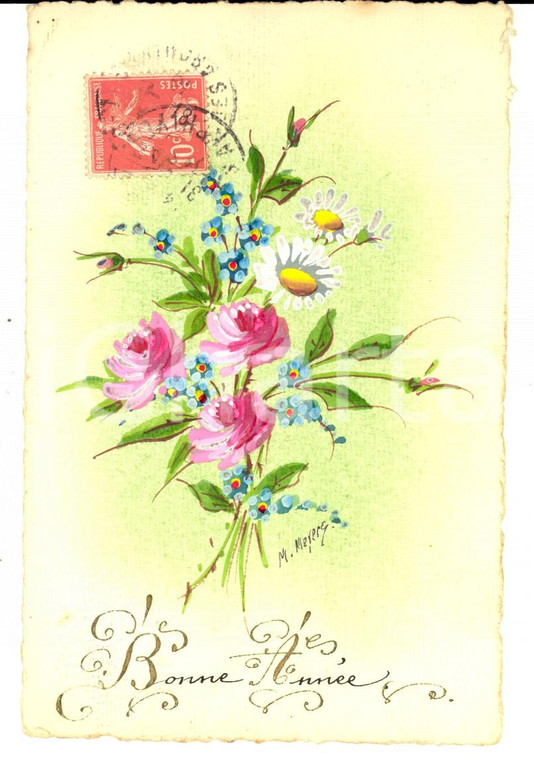 1910 ca FRANCIA Cartolina DISEGNATA A MANO con bouquet di fiori *M. MEYERS