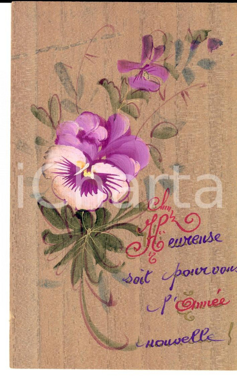 1917 BRUXELLES (B) Cartolina augurale Anno Nuovo DIPINTA A MANO con violetta