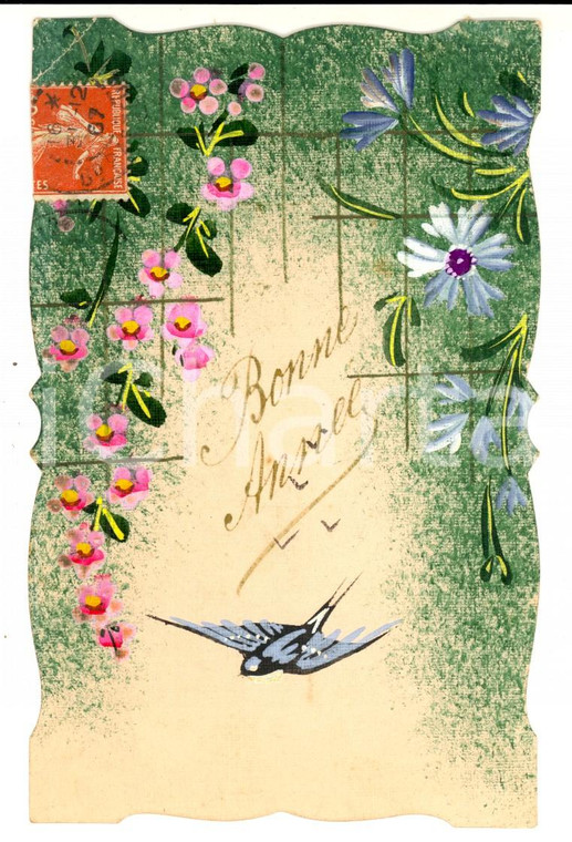 1907 FRANCIA Cartolina DISEGNATA A MANO con fiori e uccellino *Amélie MERMET