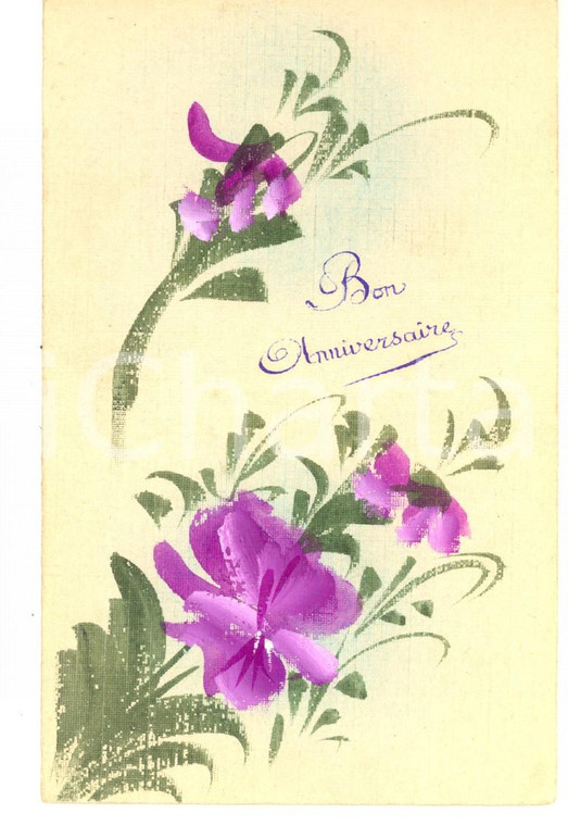 1910 ca FRANCIA Cartolina buon compleanno con fiori viola DIPINTA A MANO