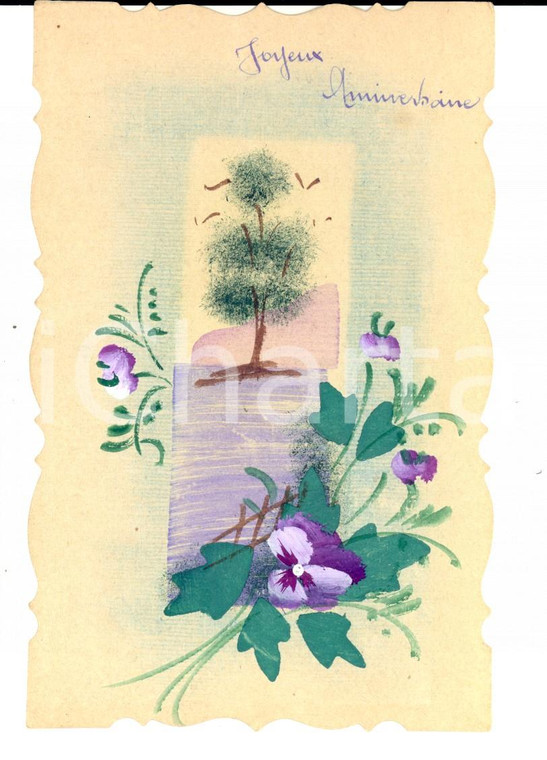 1910 ca FRANCIA Cartolina augurale con albero e violette DIPINTA A MANO