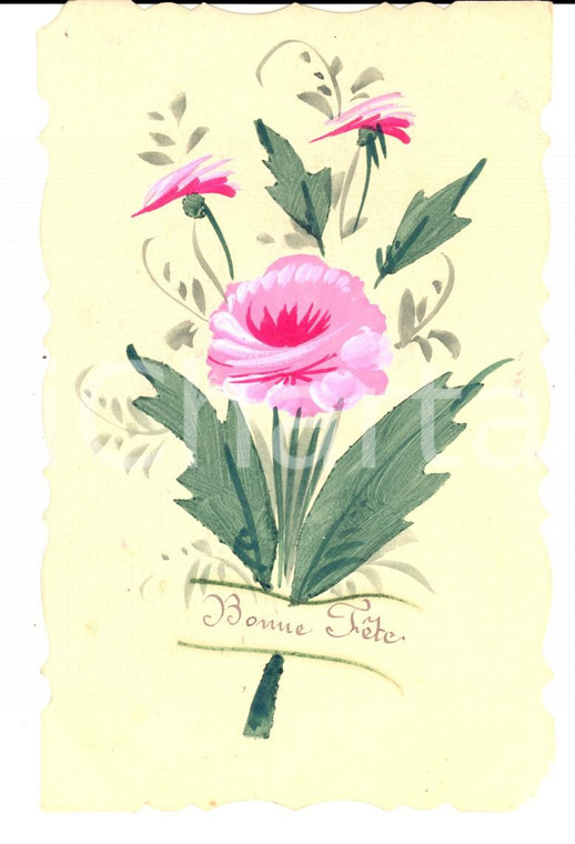 1910 ca FRANCIA Cartolina augurale compleanno con fiori rosa DIPINTA A MANO