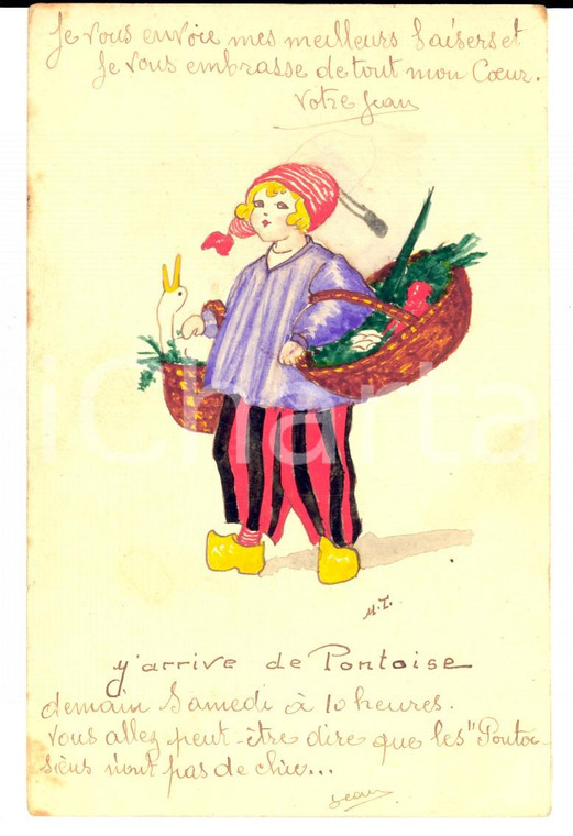 1926 PONTOISE Piccola olandese fa la spesa al mercato *Cartolina dipinta a mano