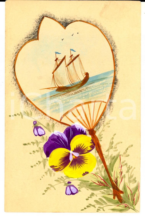 1910 ca FRANCIA Cartolina augurale con viole e vascello *DIPINTA A MANO
