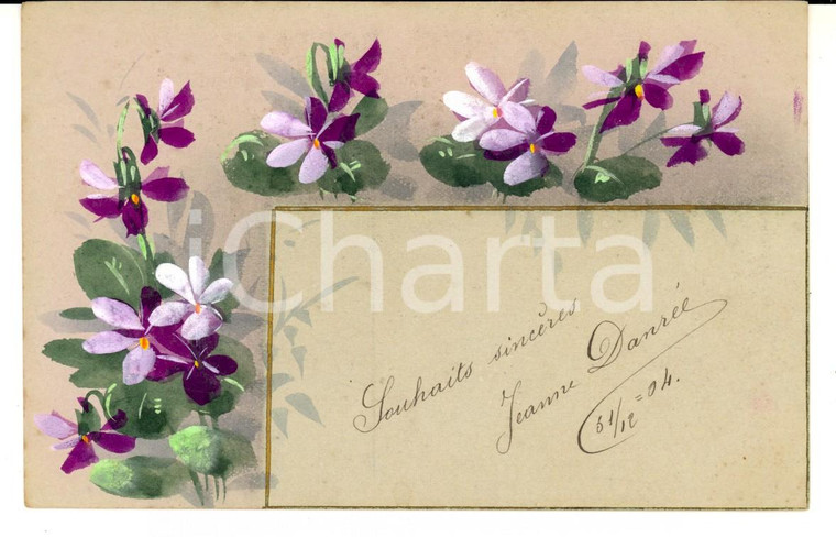 1904 FRANCIA Cartolina augurale con fiori viola in cornice *DIPINTA A MANO