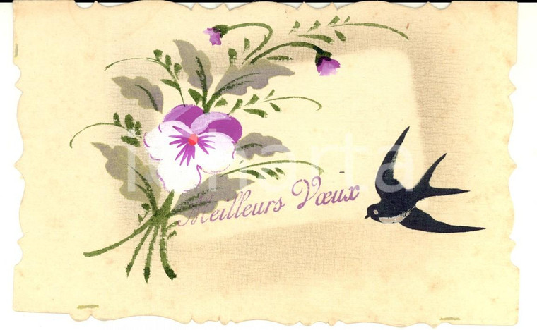 1920 ca FRANCIA Léon NAUDIN Cartolina con fiori e rondine DIPINTA A MANO