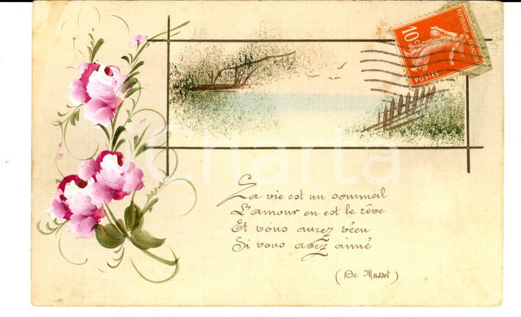 1910 ca FRANCIA Cartolina augurale con fiori e versi DE MUSSET *DIPINTA A MANO