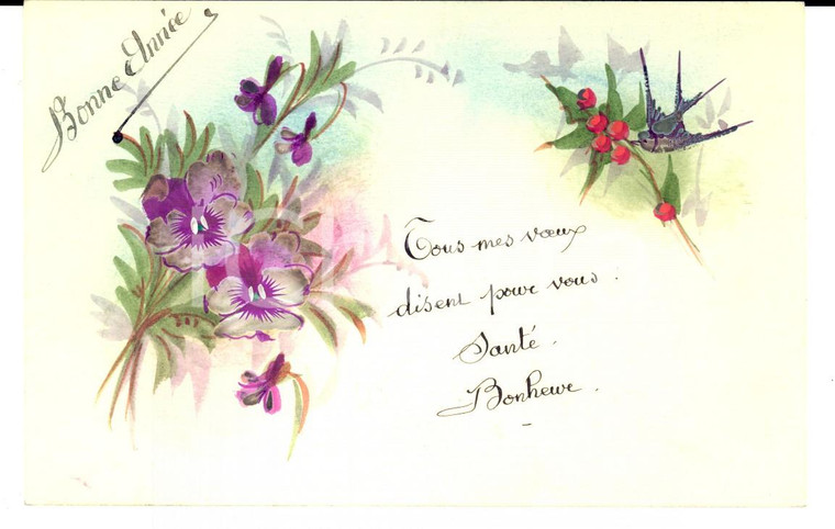 1910 ca FRANCIA Cartolina BONNE ANNEE con fiori viola *DIPINTA A MANO