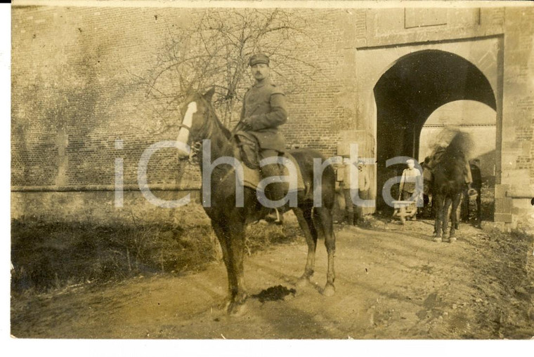 1915 ca WW1 FRANCIA Ufficiale posa a cavallo alle porte di un paese *Foto FP