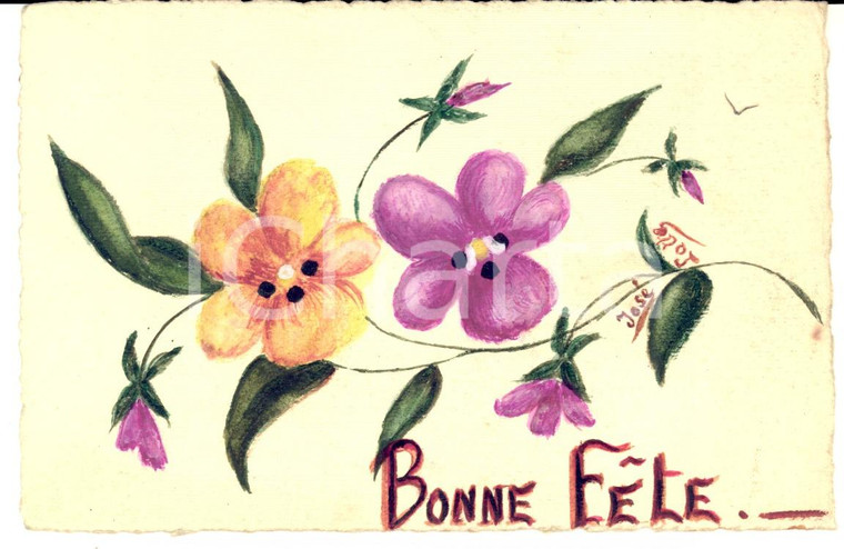 1920 ca FRANCIA Cartolina BONNE FETE con fiori gialli e viola *DIPINTA A MANO FP