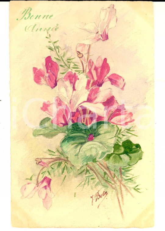 1910 ca FRANCIA J. BOSE Cartolina BONNE ANNEE con fiori rosa *DIPINTA A MANO